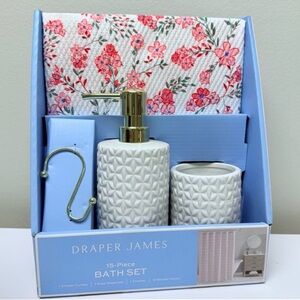 Draper James 15-Piece Bath Set, (Pink) Shower Curtain, Soap Dispenser, Tumbler